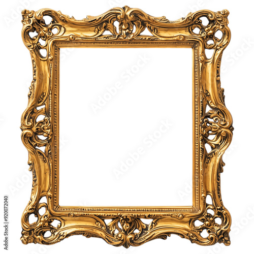 Ornate golden square picture frame with intricate details, presented on a transparent background.
 photo