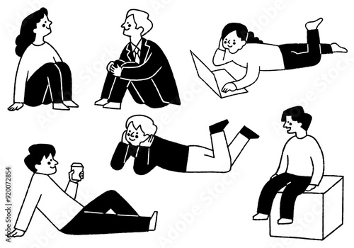 Set of man and woman sitting and relaxing_2