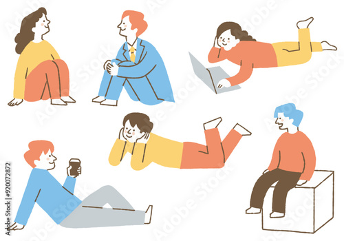 Set of man and woman sitting and relaxing_Color