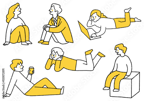 Set of man and woman sitting and relaxing