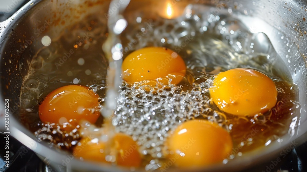 Poaching eggs in simmering water, achieving a perfectly runny yolk. Poaching eggs in simmering water, achieving a perfectly runny yolk.