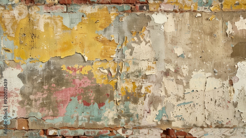 Aged textures: dated wallpaper, peeling paint, brick surface, varied color layers. Aged textures: dated wallpaper, peeling paint, brick surface, varied color layers.