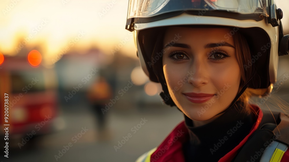 Firewoman in her uniform with a safety helme Firewoman in her uniform with a safety helme