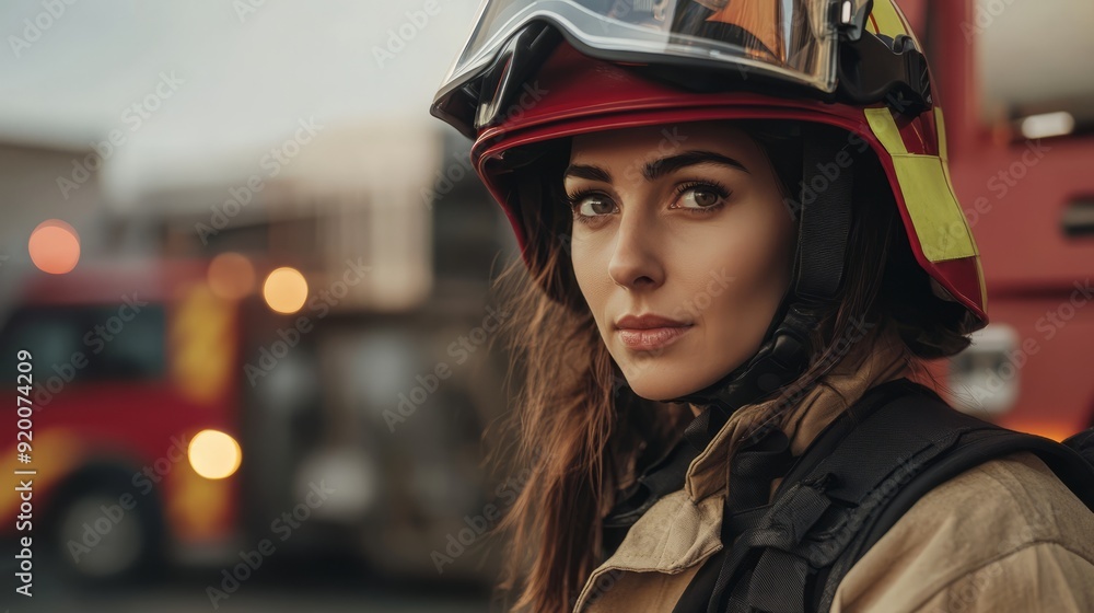 Firewoman in her uniform with a safety helme Firewoman in her uniform with a safety helme