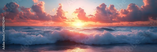 Ocean Sunset with Waves Breaking on the Shore - Realistic Image