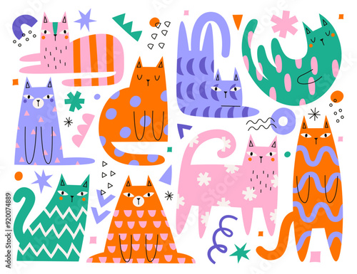 Kawaii cats characters with abstract colorful decorative doodles geometric pattern on body set