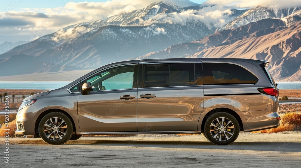 Fototapeta premium The side view of a family minivan, emphasizing its spacious interior, sliding doors, and family-friendly design. Perfect for road trips and daily commutes.
