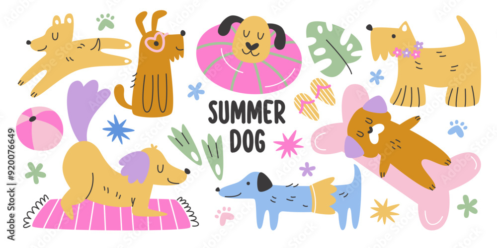 Fototapeta premium Funny summer dogs cartoon characters enjoying beach vacation activity swimming sunbathing set