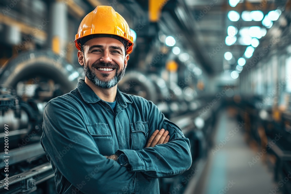 A man wearing a hard hat and a blue shirt is smiling and posing for a picture. Concept of confidence and pride in his work A man wearing a hard hat and a blue shirt is smiling and posing for a picture. Concept of confidence and pride in his work