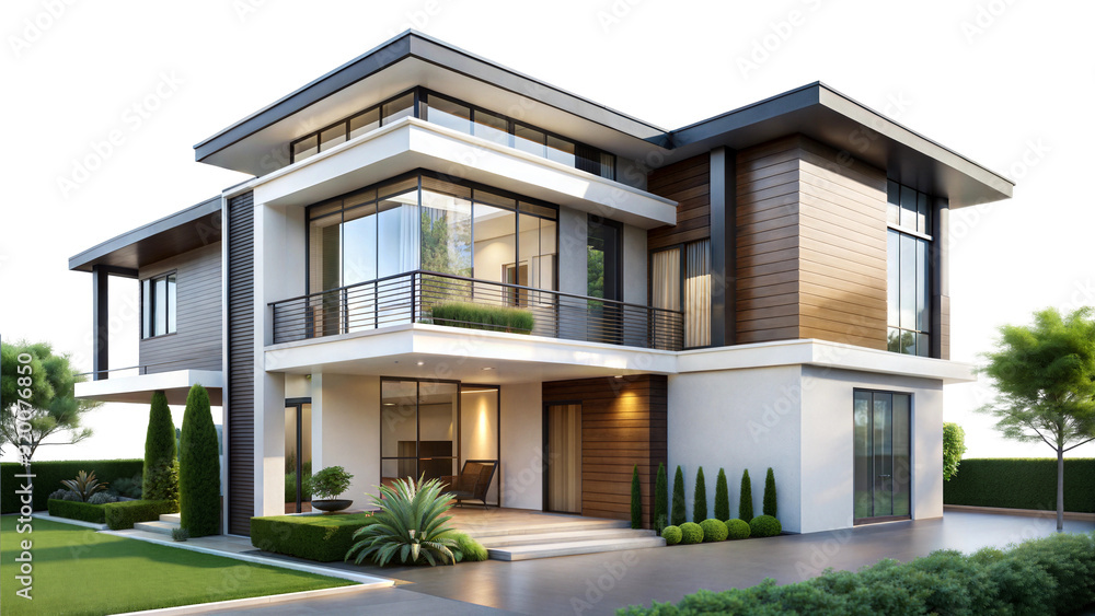 Modern two-story house with sleek design and illuminated exterior isolated on transparent background Modern two-story house with sleek design and illuminated exterior isolated on transparent background