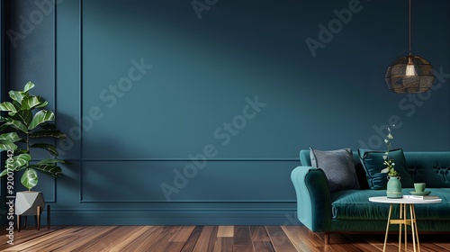 Soft green Sofa on dark blue background Modern minimalistic living room interior detail