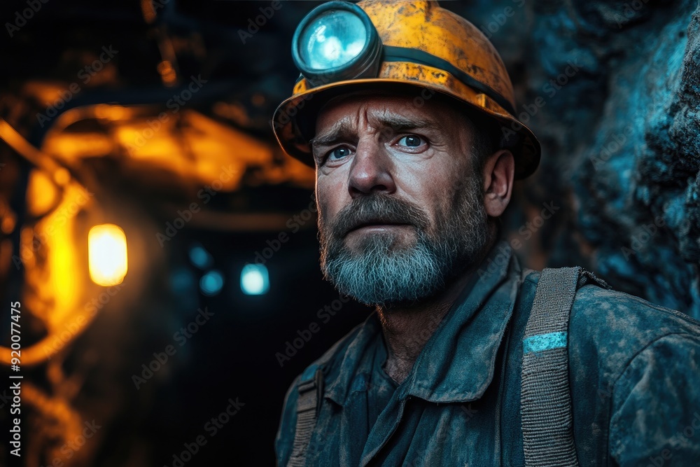A man in a yellow helmet is standing in a dark cave. He is looking at the camera with a serious expression A man in a yellow helmet is standing in a dark cave. He is looking at the camera with a serious expression