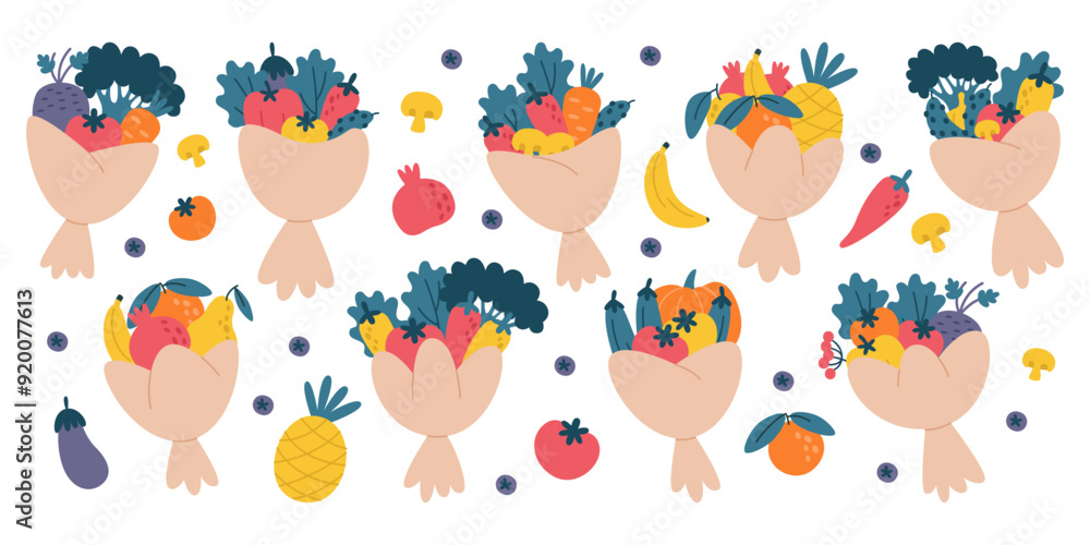 Bouquet of fresh ripe vegetables and raw fruits vegetarian organic vitamin food composition set Bouquet of fresh ripe vegetables and raw fruits vegetarian organic vitamin food composition set