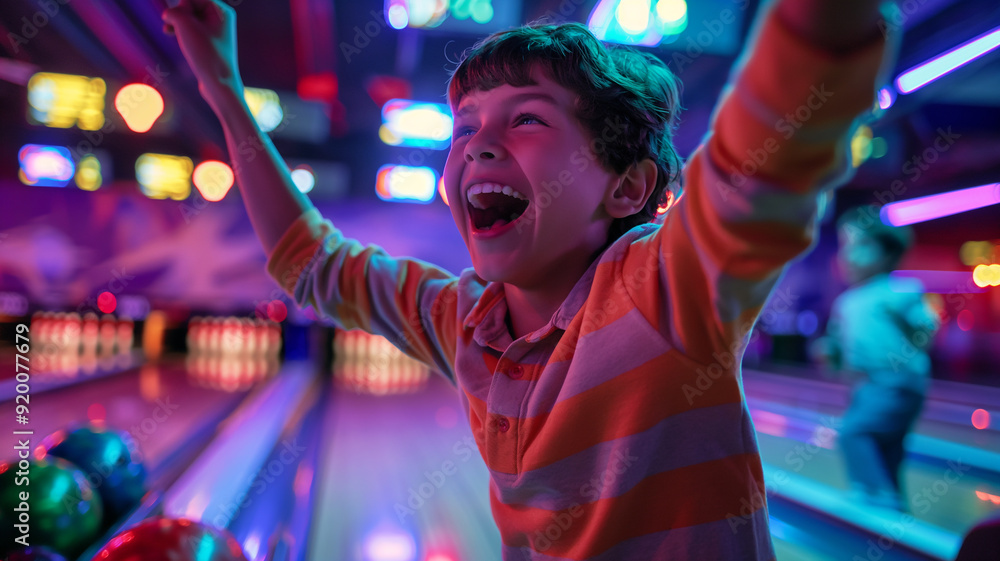 Fototapeta premium Excitement and Neon Lights: Boys Cheering at the Alley 