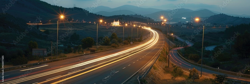 Illuminated highway featuring streetlights and trailing car light streaks at night with evening ambiance. Illuminated highway featuring streetlights and trailing car light streaks at night with evening ambiance.