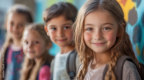 A group of children are smiling and posing for a picture. They are wearing backpacks and are standing in a line