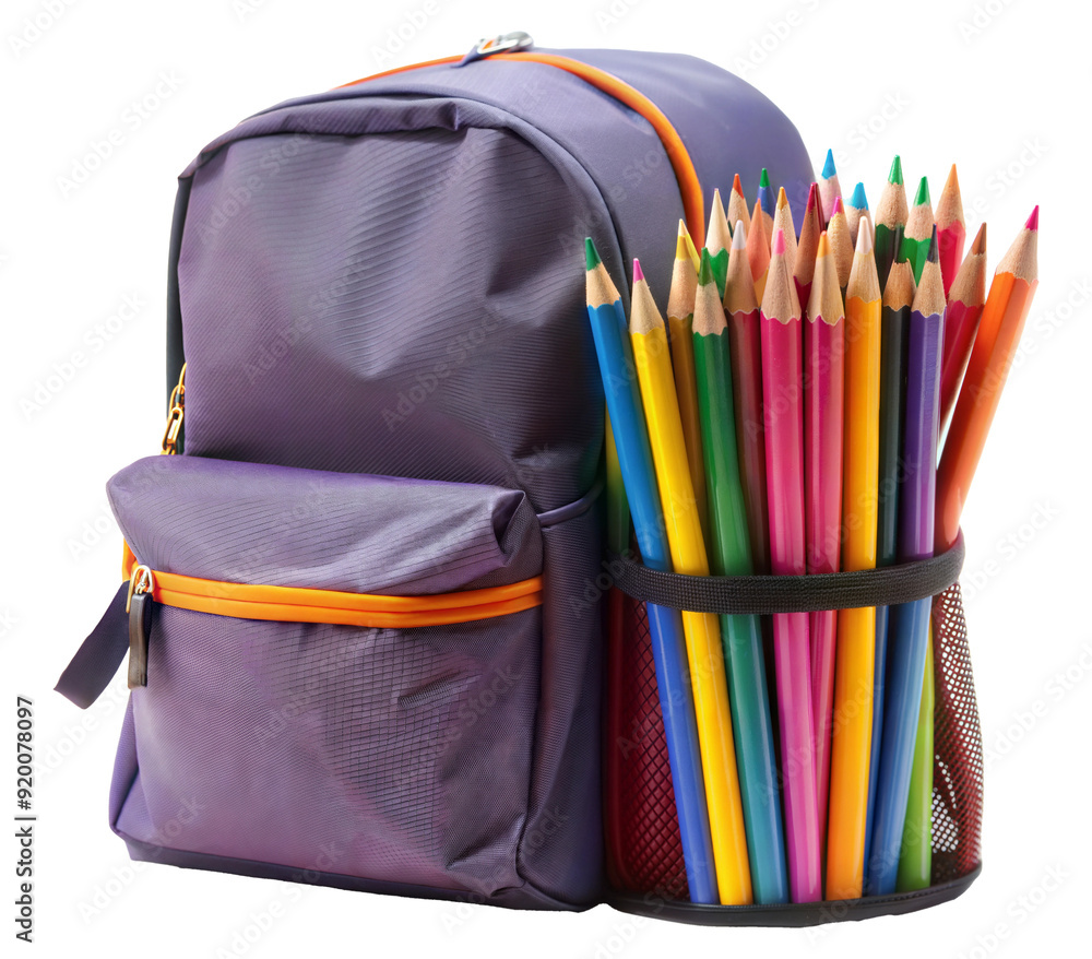 Purple backpack with colorful pencils in side pocket for school supplies isolated on transparent background Purple backpack with colorful pencils in side pocket for school supplies isolated on transparent background