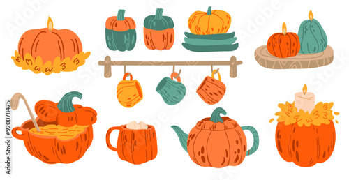 Kitchen autumn set of dishes in the shape of a pumpkin,tea set, cup, tureen, candles. Vector cozy illustration. All hallows eve party symbol hot beverage in orange pumpkin mug on white background