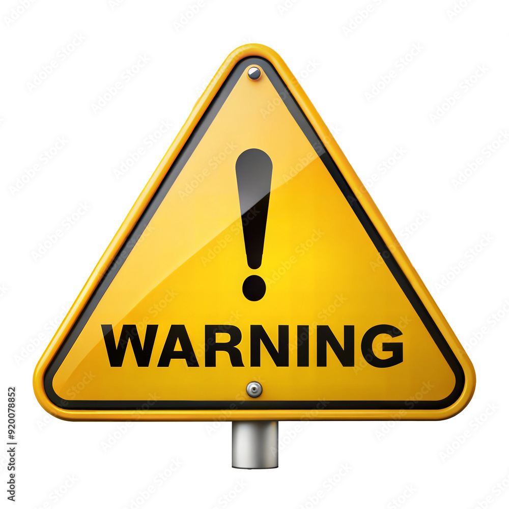 Yellow warning sign with bold black text for caution and safety isolated on transparent background Yellow warning sign with bold black text for caution and safety isolated on transparent background
