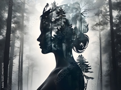 Silhouette of a Nordic queen filled with a forest , double exposure, crisp lines, monochrome background