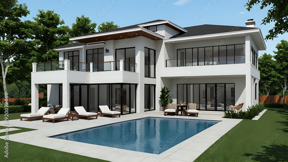 A luxurious real estate property with a stunning pool in the backyard, modern architecture A luxurious real estate property with a stunning pool in the backyard, modern architecture
