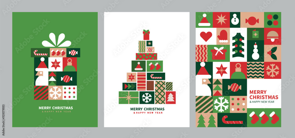 A set of Christmas cards in a geometric style. Christmas tree and gift shape.