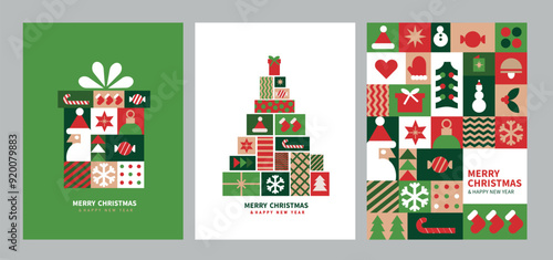 A set of Christmas cards in a geometric style. Christmas tree and gift shape. 
