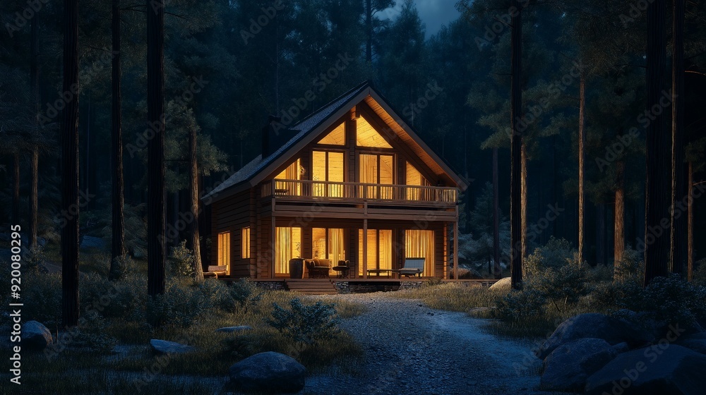 A mansion made of wood in the nighttime forest. A log cabin in the woods. A mansion made of wood in the nighttime forest. A log cabin in the woods.