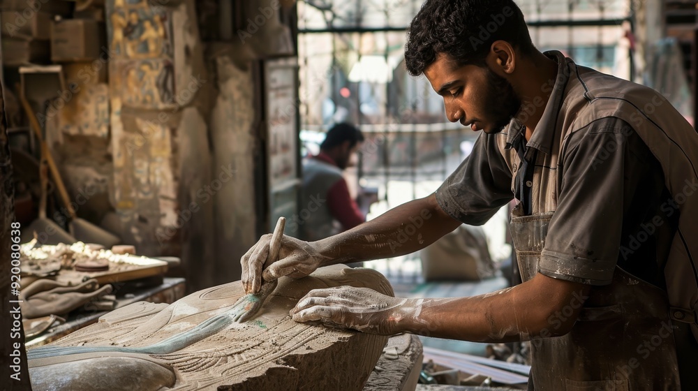 Craftsman Working on Stone Sculpture Craftsman Working on Stone Sculpture