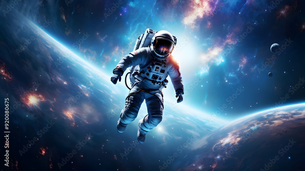 3D illustration of astronaut flies in deep space. High quality digital space art in 5K - realistic visualization 3D illustration of astronaut flies in deep space. High quality digital space art in 5K - realistic visualization