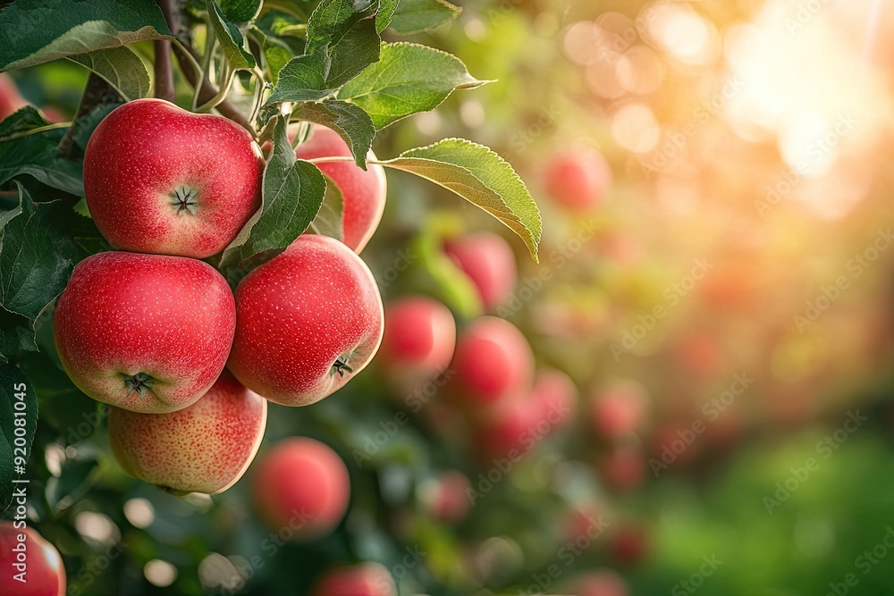 Obraz premium A bunch of red apples hanging from a tree. The apples are ripe and ready to be picked
