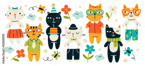 Funny fashion cats hand drawn characters wearing different trendy clothes outfit and eyeglasses