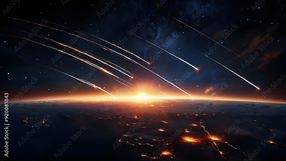 3D illustration of Meteorite shower close to Earth planet. High quality digital space art in 5K - realistic visualization 3D illustration of Meteorite shower close to Earth planet. High quality digital space art in 5K - realistic visualization