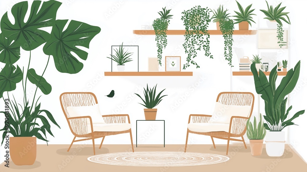 A calm space featuring chairs, wooden bookcases, and potted plants A calm space featuring chairs, wooden bookcases, and potted plants