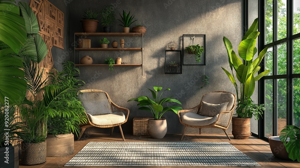 A calm space featuring chairs, wooden bookcases, and potted plants A calm space featuring chairs, wooden bookcases, and potted plants