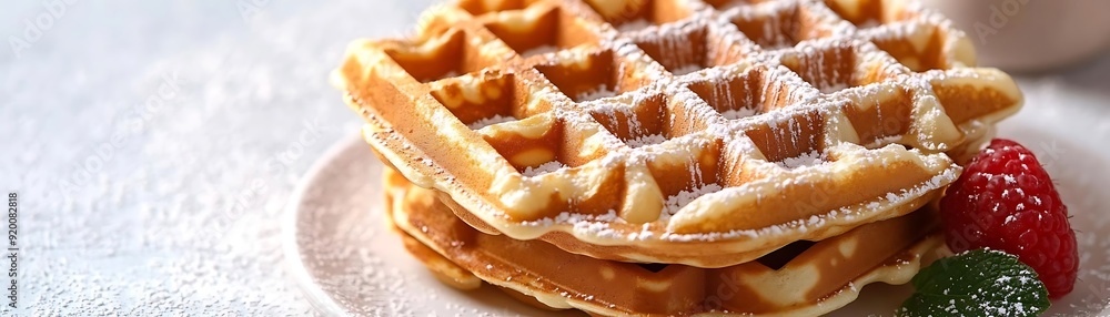 Deliciously Golden Waffles with Powdered Sugar and Raspberry - Food Photography Deliciously Golden Waffles with Powdered Sugar and Raspberry - Food Photography