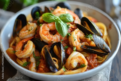 A seafood pasta dish with mussels, shrimp, and calamari in a rich tomato sauce, garnished with fresh basil 