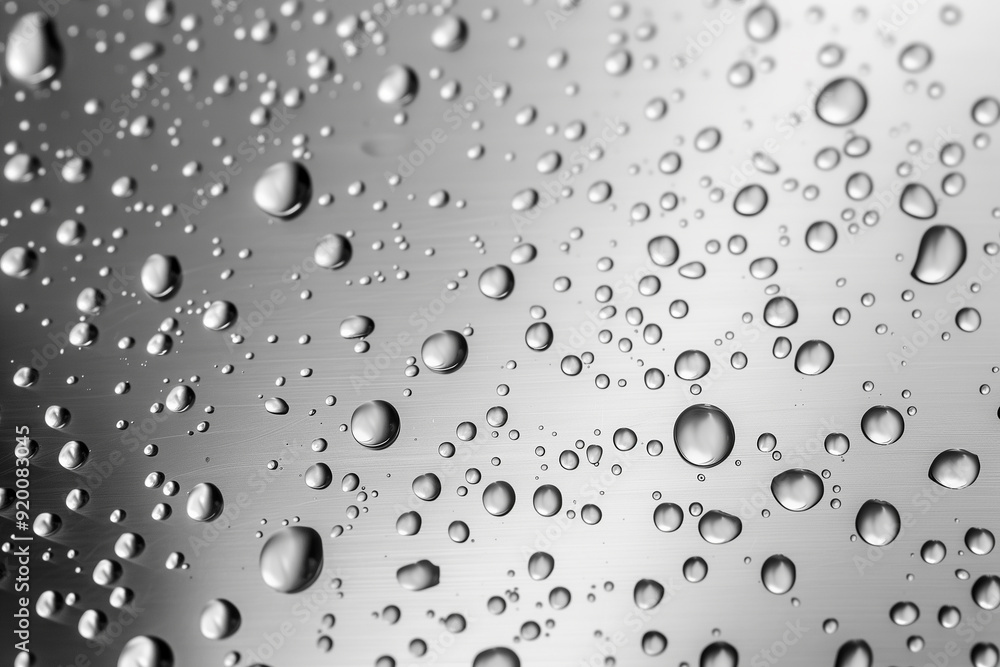 Water drops on silver background. Rain drops on grey glossy window glass. Water drops on silver background. Rain drops on grey glossy window glass.