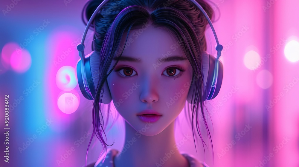 ヘッドフォンを付けた美しい女性の顔クローズアップ,Generative AI AI画像 ヘッドフォンを付けた美しい女性の顔クローズアップ,Generative AI AI画像