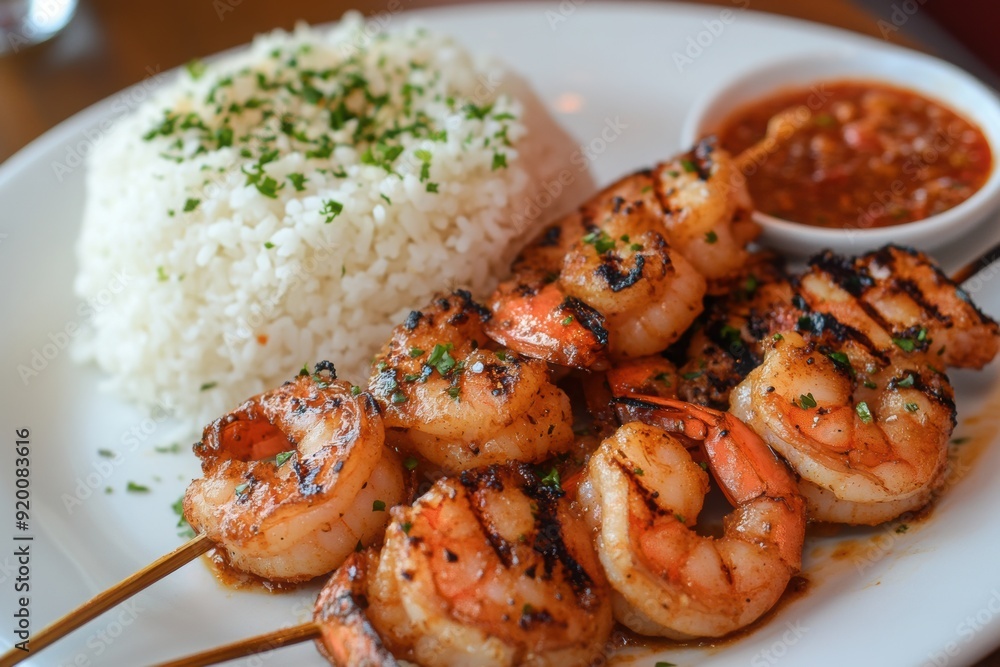 Grilled Shrimp Skewers with Steamed Rice and Spicy Garlic Sauce Grilled Shrimp Skewers with Steamed Rice and Spicy Garlic Sauce