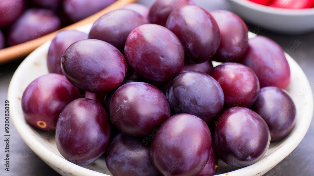 Fototapeta premium Fresh ripe plums on elegant white dish, showcasing fruits in beautifully arranged presentation