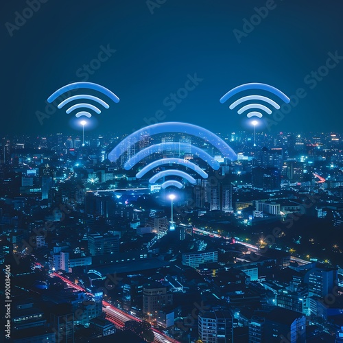 Wi fi network signal over cityscape at night, internet connection concept