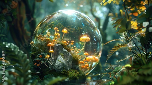 A crystal sphere depicting the world surrounded by lush plants with glowing mushrooms. photo