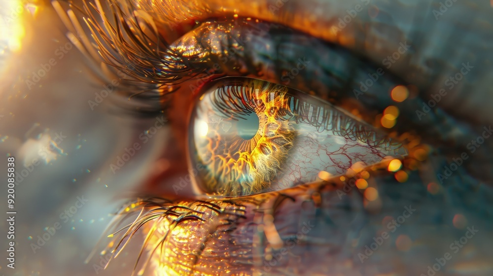 Close-up of detailed eye with intricate lashes against a dreamy landscape reflection. Close-up of detailed eye with intricate lashes against a dreamy landscape reflection.