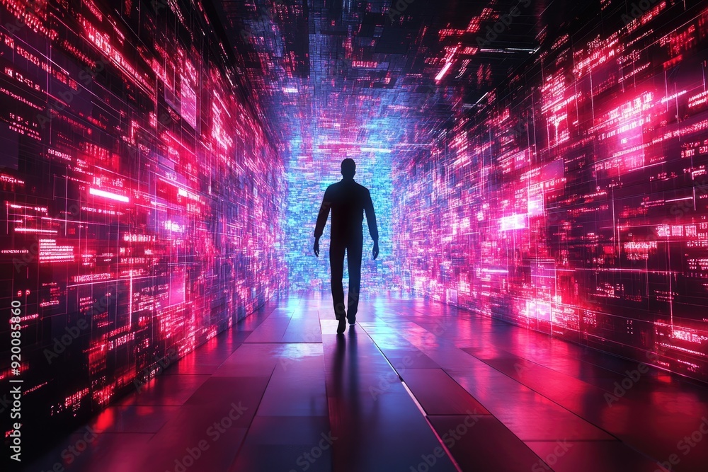 A man walks through a brightly lit tunnel with a neon sign behind him. The tunnel is filled with colorful lights and the man is the only person in the scene A man walks through a brightly lit tunnel with a neon sign behind him. The tunnel is filled with colorful lights and the man is the only person in the scene