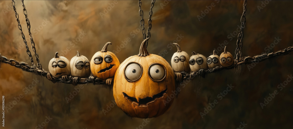 Fototapeta premium Quirky Cartoon Pumpkins Hanging on Chains in a Halloween-Themed Artwork
