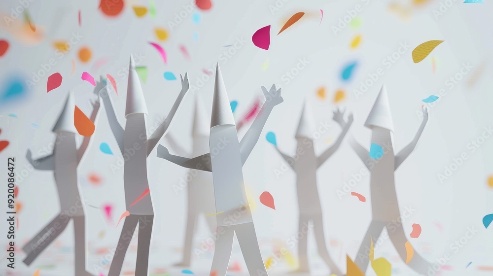 Paper cutout figures, teamwork concept. Add matching hats, confetti falling around. Paper cutout figures, teamwork concept. Add matching hats, confetti falling around.