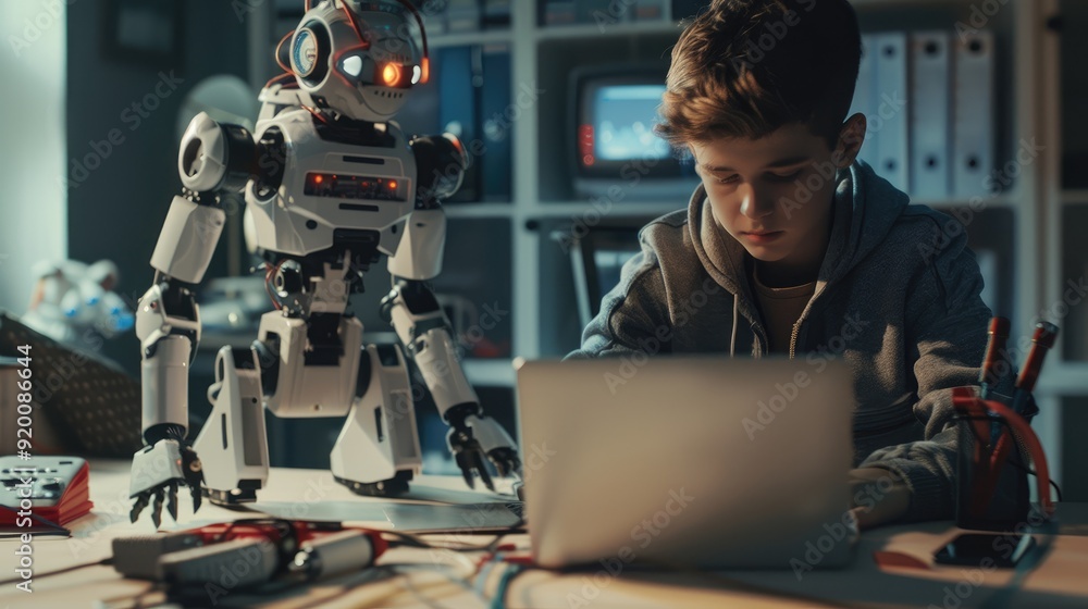 Teen working on electronics at a desk, a robot model beside laptop. Add more futuristic gadgets. Teen working on electronics at a desk, a robot model beside laptop. Add more futuristic gadgets.