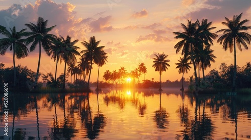 Sunset at Tropical Oasis Resort, serene lake with tall palm trees, hint of distant village.