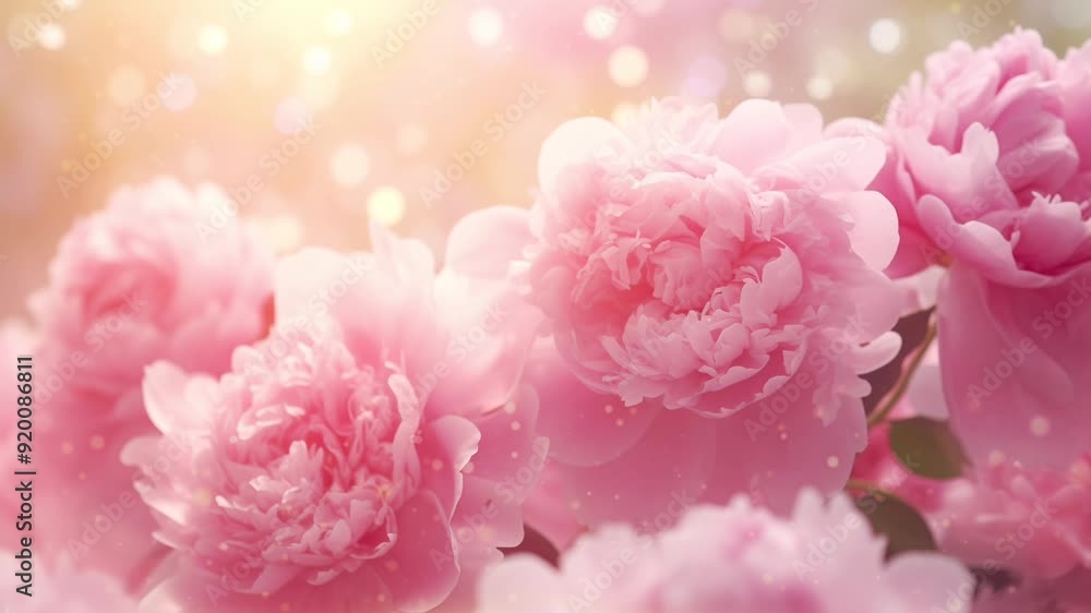 Experience the enchanting bloom of peonies surrounded by a soft, sunlit atmosphere filled with vibrant colors, light bokeh Experience the enchanting bloom of peonies surrounded by a soft, sunlit atmosphere filled with vibrant colors, light bokeh